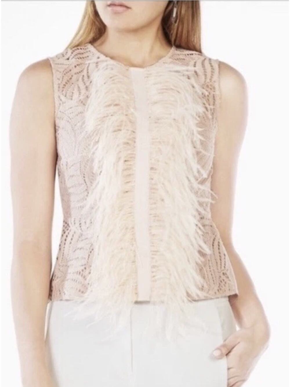 BCBG Max Azria "Meg" Crochet Lace Tank w/ Feathers Sz Small Blush